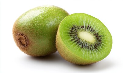 Fototapeta premium Fresh kiwi fruit, one whole and one sliced, showcasing its vibrant green interior and unique texture.