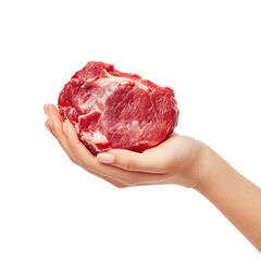 A person's hand holding a fresh, raw piece of red meat. The meat appears succulent and ready for cooking.