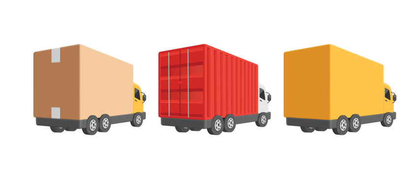 3 trucks in rear view, 3 container trucks are parked in row, brown cardboard truck, a red truck, and yellow truck, vector 3d isolated on white background for delivery, e commerce, transport concept