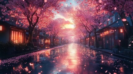 Peaceful street lined with glowing traditional buildings under blooming cherry blossom trees with petals gently falling at sunset