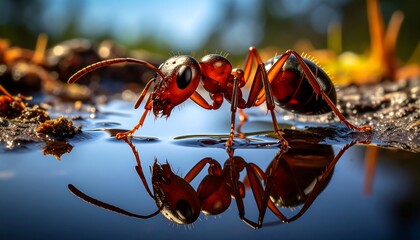 Red ant drinking water with macro.