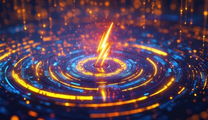 Abstract digital graphic of concentric circles, glowing with vibrant orange and blue light, a lightning bolt at the center