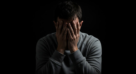 Fototapeta premium Lonely man sitting with hands on head, expressing sadness, worry, or fear, isolated in dark dramatic background.
