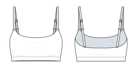 Seamless Bra Top Technical Fashion Illustration. Adjustable Strap Bralette Vector Template. Front and Back View. Comfortable Fit. Minimalist Lingerie. Women’s Underwear. CAD Mockup Set.