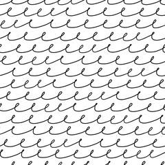 Seamless hand-drawn pattern of looping wave-like black lines on a white background