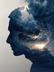 Silhouette Head Surrounded by a Storm Revealing Calm Surroundings in a Dramatic Contrast