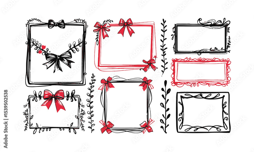 Leinwandbilder Vector illustration featuring a collection of whimsical, hand-drawn rectangular frames, Include a diverse range of frame designs, such as ribbon-tied borders, easily editable and scalable.