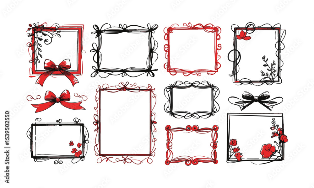 Leinwandbilder Vector illustration featuring a collection of whimsical, hand-drawn rectangular frames, Include a diverse range of frame designs, such as ribbon-tied borders, easily editable and scalable.