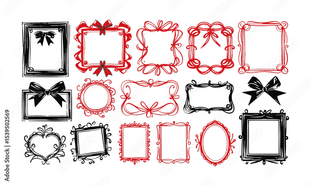 Leinwandbilder Vector illustration featuring a collection of whimsical, hand-drawn rectangular frames, Include a diverse range of frame designs, such as ribbon-tied borders, easily editable and scalable.