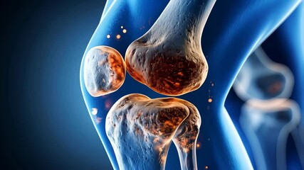 Detailed 3D render of a human knee joint with bones, ligaments, and cartilage on a blue gradient background, health and medicine concept.