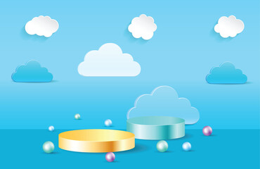 3d podium design with pink cloud and children backdrop.