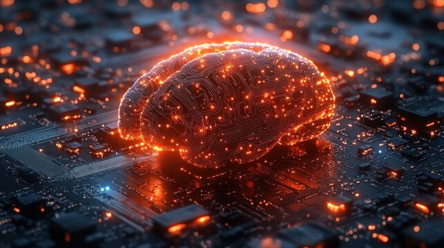 Glowing orange digital brain hologram floating over a dark circuit board with illuminated pathways and microchips representing artificial intelligence and neural networks