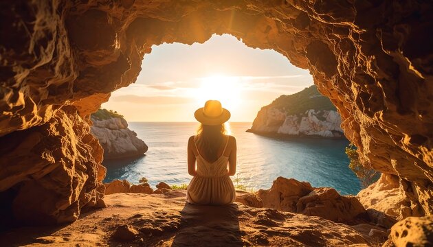 Woman in cave with sunset sea view. - Powered by Adobe