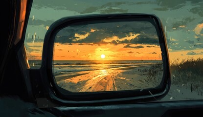 Sunset view reflected in car side mirror