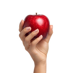 A fresh red apple held gracefully in a person's hand, ready to be tasted