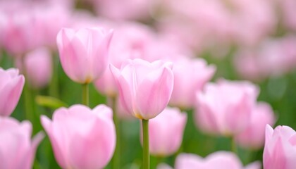 Fototapeta premium Pink tulips field with spring bloom.
