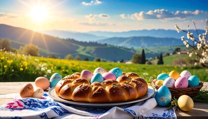 Easter bread with eggs, and spring hills.