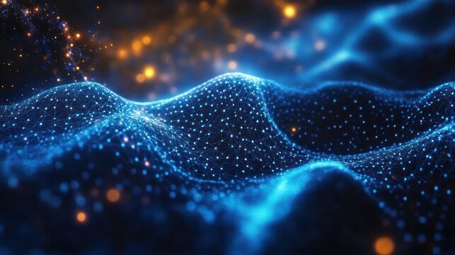 Abstract digital landscape formed by interconnected glowing blue nodes and triangular mesh with bright orange particles floating above the dark background