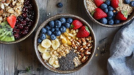 Nutritious oatmeal bowls with fresh fruits and nuts for healthy morning