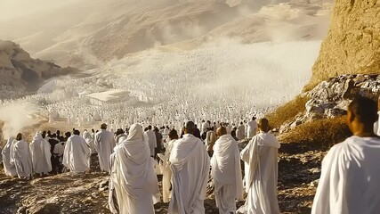 Pilgrims in white garments gather on a rocky hillside overlooking a vast valley during a religious event