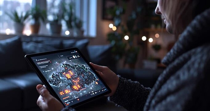 Man using tablet, displaying an interactive map with orange and red markers, in a dimly lit living room.  Warm string lights and plants in background