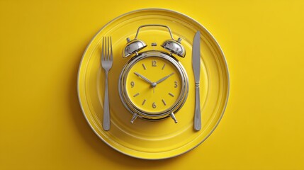 Time for meal.  A yellow plate with a silver alarm clock, fork, and knife