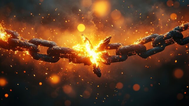 Close-up of a burning, breaking chain link glowing with fiery sparks symbolizing rupture or breaking free