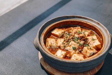 A hot pot of Mapo Tofu, a spicy Chinese dish with tofu and minced meat, garnished with green onions.
