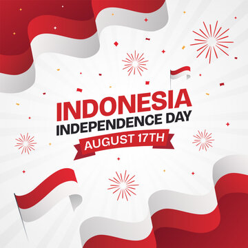 Happy Indonesia Independence Day August 17th with waving flag ribbon and fireworks on sunburst background
