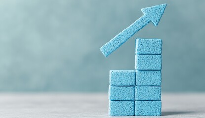 Light-blue blocks stacked in a rising trend, an upward arrow