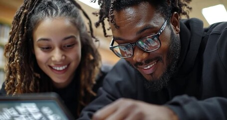 Smiling young man and woman look at tablet together in library setting. Warm lighting, close-up shot - Powered by Adobe