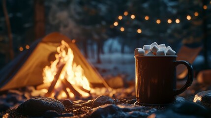 Hot chocolate with marshmallows by a campfire at night in the woods.