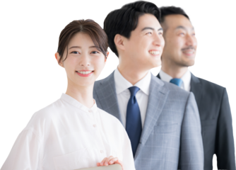 未来や目標を見つめるビジネスシーンの横顔の男女3人のクローズアップ背景透明png　　転職や希望のイメージ	