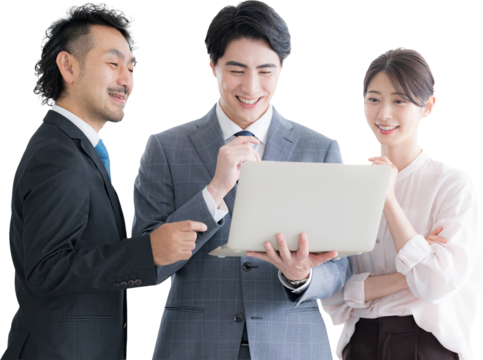 チームで仕事をするパソコンを指さすビジネスマンたちの背景透明png　男女の複数3人のチーム