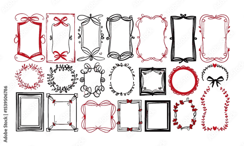 Leinwandbilder Vector illustration featuring a collection of whimsical, hand-drawn rectangular frames, Include a diverse range of frame designs, such as ribbon-tied borders, easily editable and scalable.