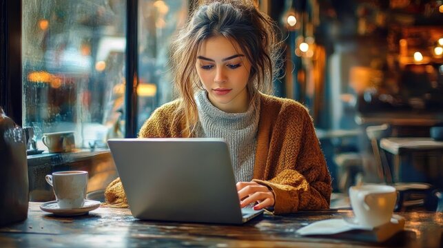 Young woman focused on working on a laptop in a cozy cafe with warm lighting and rustic wooden table surrounded by coffee cups