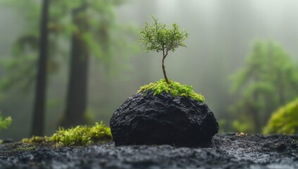 Small tree on a dark rock, surrounded by moss and misty forest