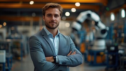 Fototapeta premium Confident young businessman standing with arms crossed in a modern factory with robotic machinery in the background, showcasing professionalism and innovation