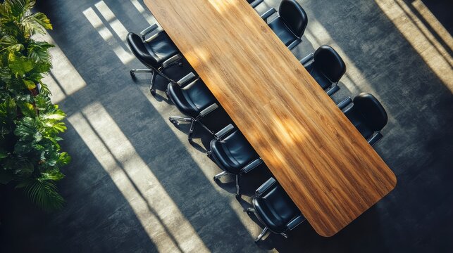 Overhead view of a long wooden conference table surrounded by black chairs in a modern office with sunlight streaming through windows and plants. - Powered by Adobe