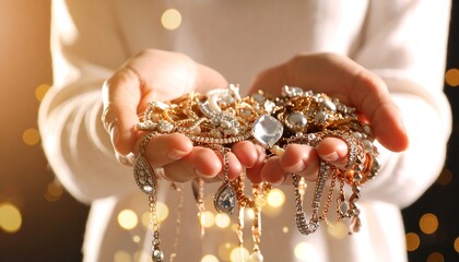 Womans hands holding gold jewelry.