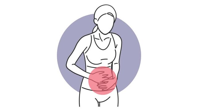 Illustration of woman with abdominal pain highlighted by red circle in simple vector style