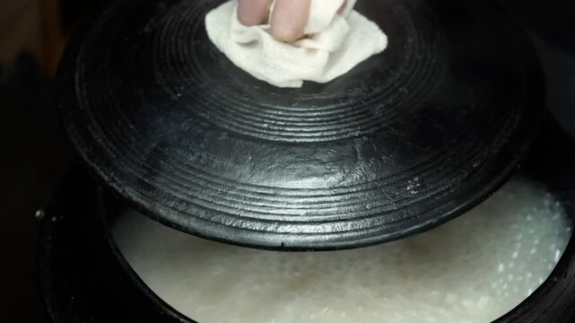 Korean traditional cauldron boiling beef bone soup