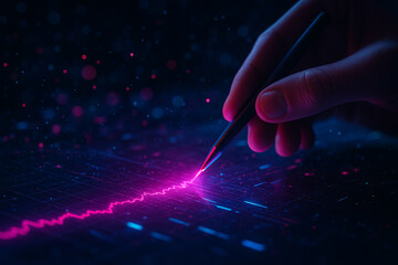 AI generated image of a human hand using a glowing digital stylus to interact with a holographic interface displaying real time graph data in a high tech analytical environment.