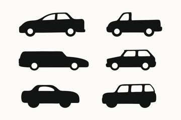 Collection of Simple Black Silhouettes of Various Car Types Sedan, Pickup Truck, Station Wagon, SUV