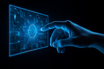 AI generated human hand interacting with glowing blue holographic screen showing digital circuits and futuristic user interface in a dark high tech environment