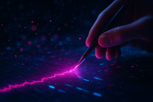 AI generated image of a human hand using a glowing digital stylus to interact with a holographic interface displaying real time graph data in a high tech analytical environment.