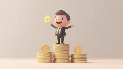 A cheerful businessman stands triumphantly on a stack of coins, holding a dollar coin aloft. This playful illustration symbolizes financial success, motivation, and prosperity.