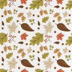 This is a seamless autumn-themed pattern featuring various types of fall leaves, acorns, and berries in earthy tones such as brown, orange, green, and beige. perfect for autumn decor or fabric prints.