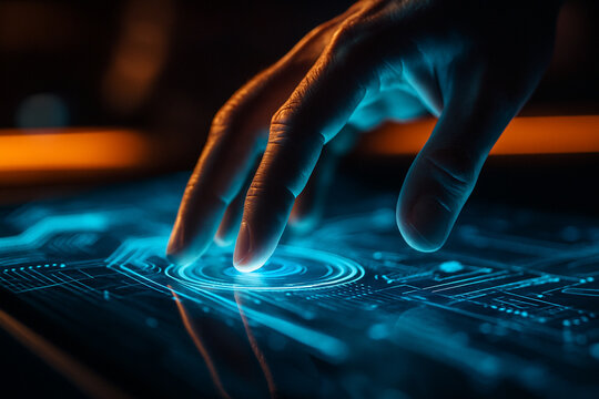 AI generated image of a human hand interacting with a glowing blue digital interface representing future technology touch systems and real time data control on a sci-fi platform