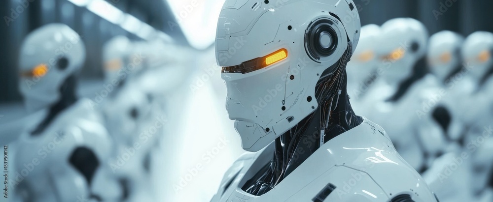 Poster a group of futuristic robotic soldiers stands in a high-tech environment, showcasing advanced design